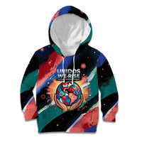 Hispanic Heritage Month Unidos We Rise Kid Hoodie Vibrant Sunflower Flags - Globe Graphic With Splatter Paint
