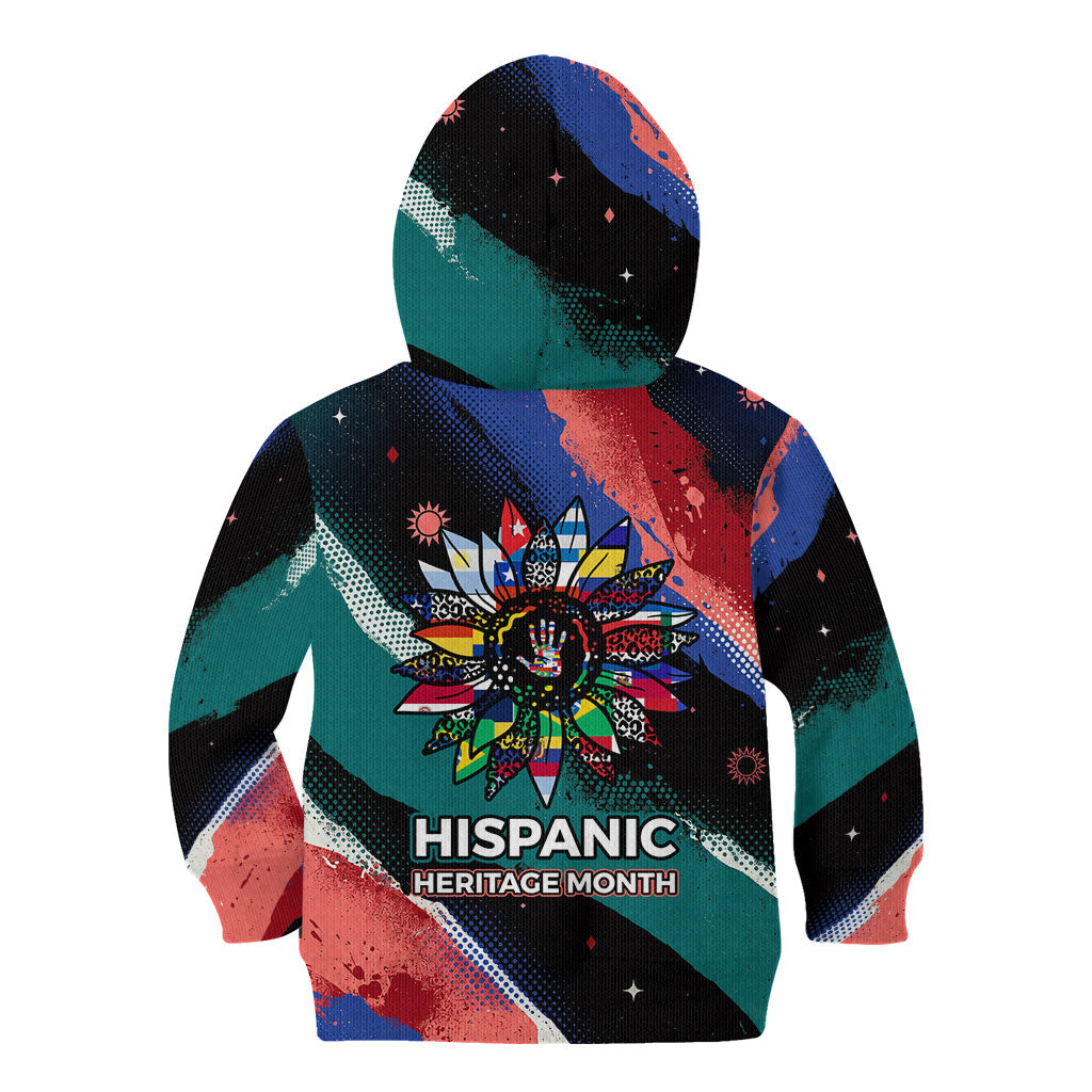 Hispanic Heritage Month Unidos We Rise Kid Hoodie Vibrant Sunflower Flags - Globe Graphic With Splatter Paint