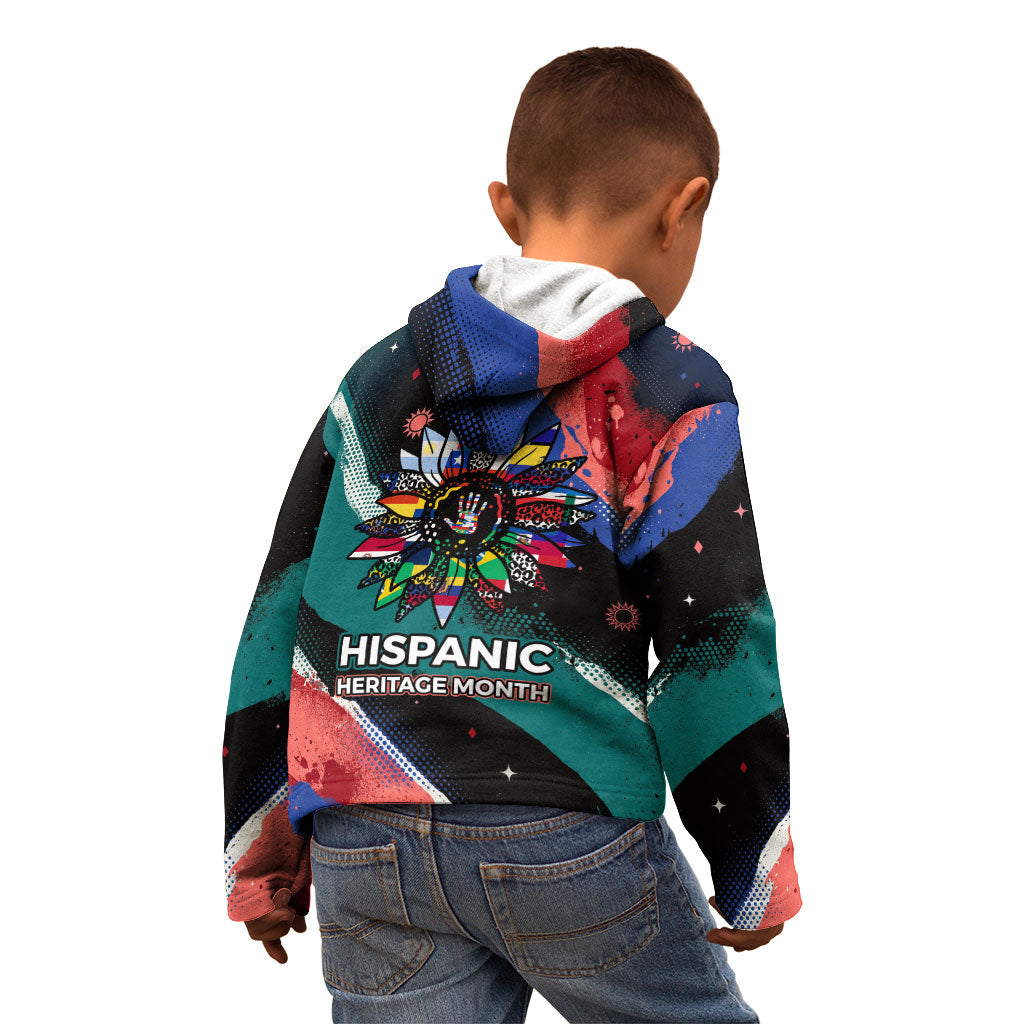 Hispanic Heritage Month Unidos We Rise Kid Hoodie Vibrant Sunflower Flags - Globe Graphic With Splatter Paint