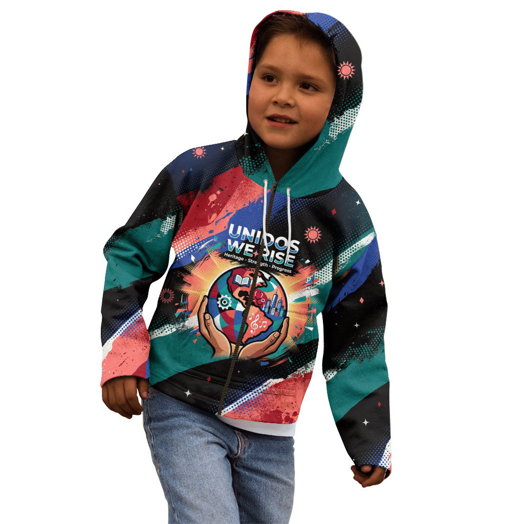 Hispanic Heritage Month Unidos We Rise Kid Hoodie Vibrant Sunflower Flags - Globe Graphic With Splatter Paint