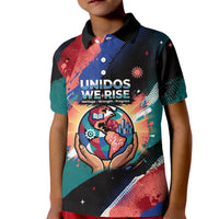 Hispanic Heritage Month Unidos We Rise Kid Polo Shirt Vibrant Sunflower Flags - Globe Graphic With Splatter Paint