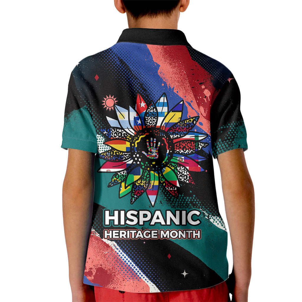 Hispanic Heritage Month Unidos We Rise Kid Polo Shirt Vibrant Sunflower Flags - Globe Graphic With Splatter Paint