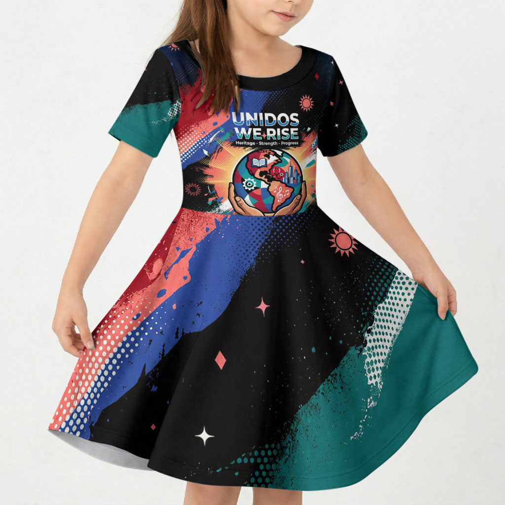 Hispanic Heritage Month Unidos We Rise Kid Short Sleeve Dress Vibrant Sunflower Flags - Globe Graphic With Splatter Paint