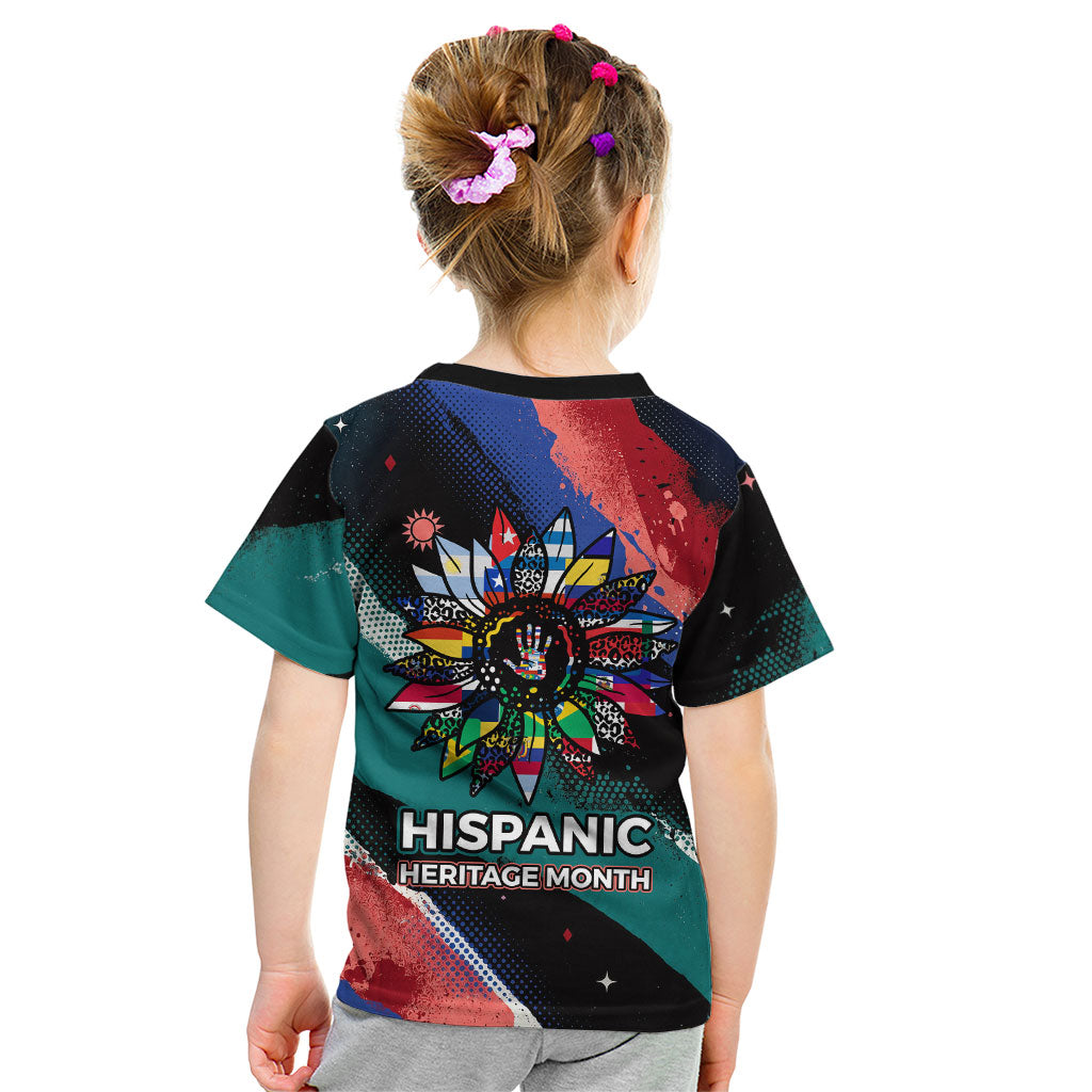Hispanic Heritage Month Unidos We Rise Kid T Shirt Vibrant Sunflower Flags - Globe Graphic With Splatter Paint