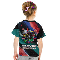 Hispanic Heritage Month Unidos We Rise Kid T Shirt Vibrant Sunflower Flags - Globe Graphic With Splatter Paint