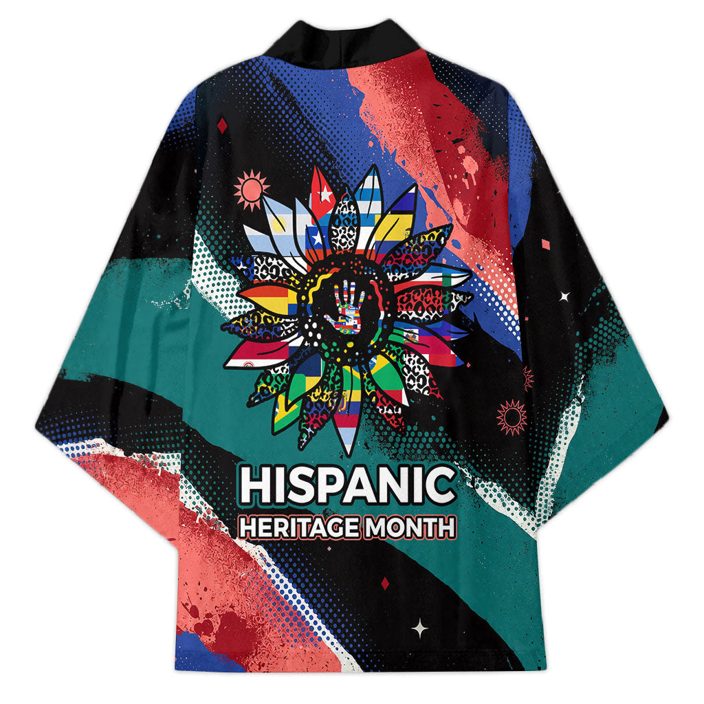 Hispanic Heritage Month Unidos We Rise Kimono Vibrant Sunflower Flags - Globe Graphic With Splatter Paint