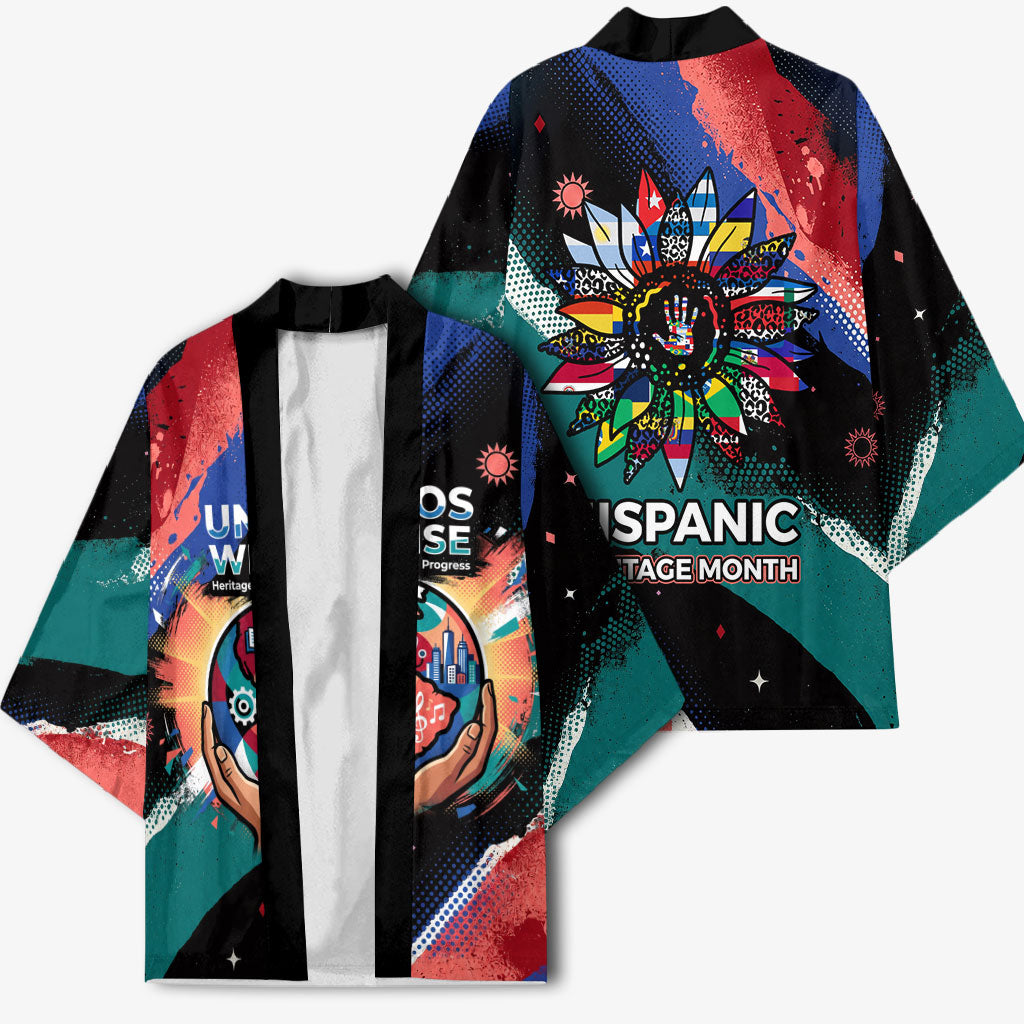Hispanic Heritage Month Unidos We Rise Kimono Vibrant Sunflower Flags - Globe Graphic With Splatter Paint