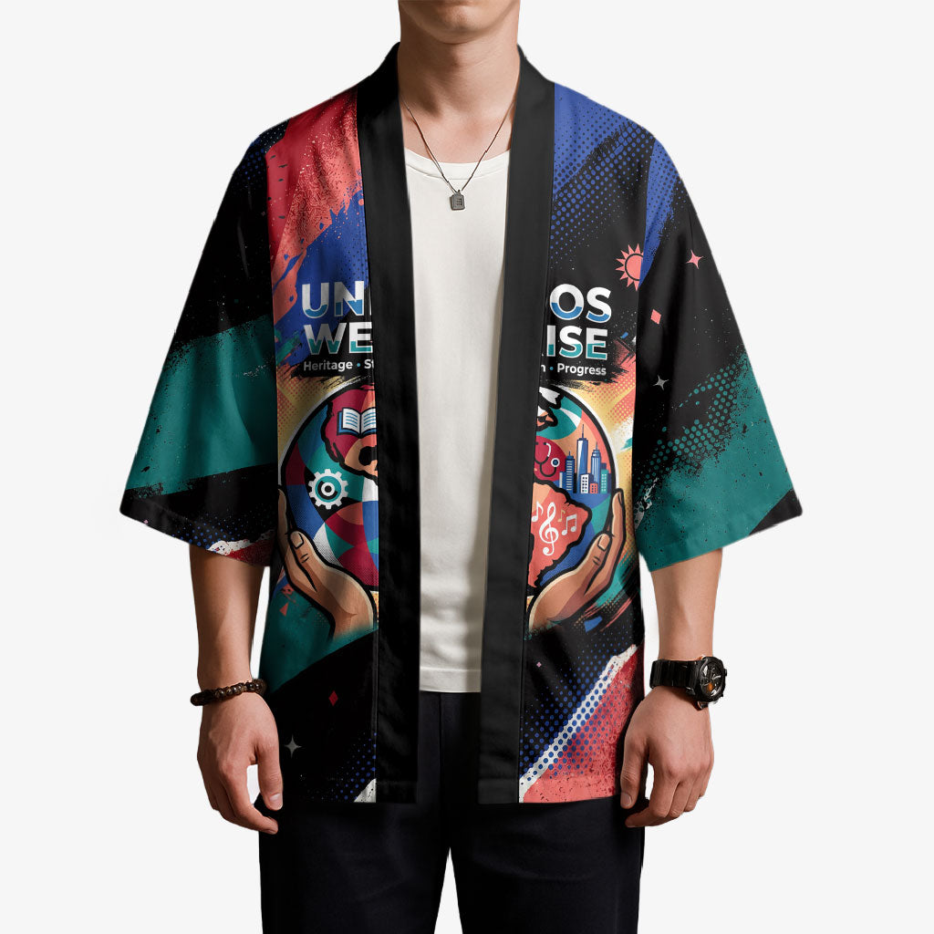 Hispanic Heritage Month Unidos We Rise Kimono Vibrant Sunflower Flags - Globe Graphic With Splatter Paint