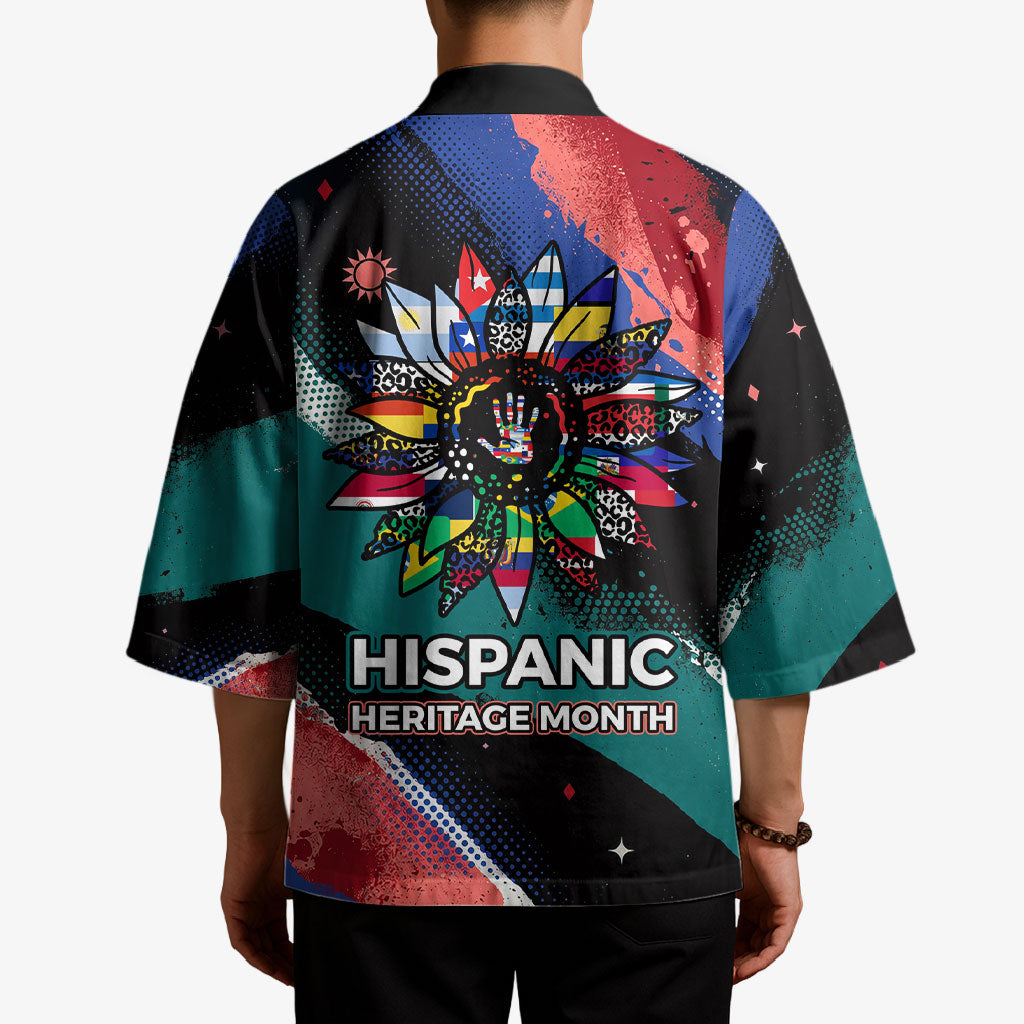Hispanic Heritage Month Unidos We Rise Kimono Vibrant Sunflower Flags - Globe Graphic With Splatter Paint