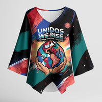 Hispanic Heritage Month Unidos We Rise Kimono Sleeve Blouse Vibrant Sunflower Flags - Globe Graphic With Splatter Paint