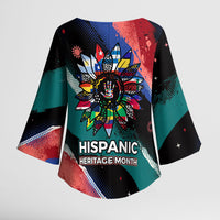 Hispanic Heritage Month Unidos We Rise Kimono Sleeve Blouse Vibrant Sunflower Flags - Globe Graphic With Splatter Paint