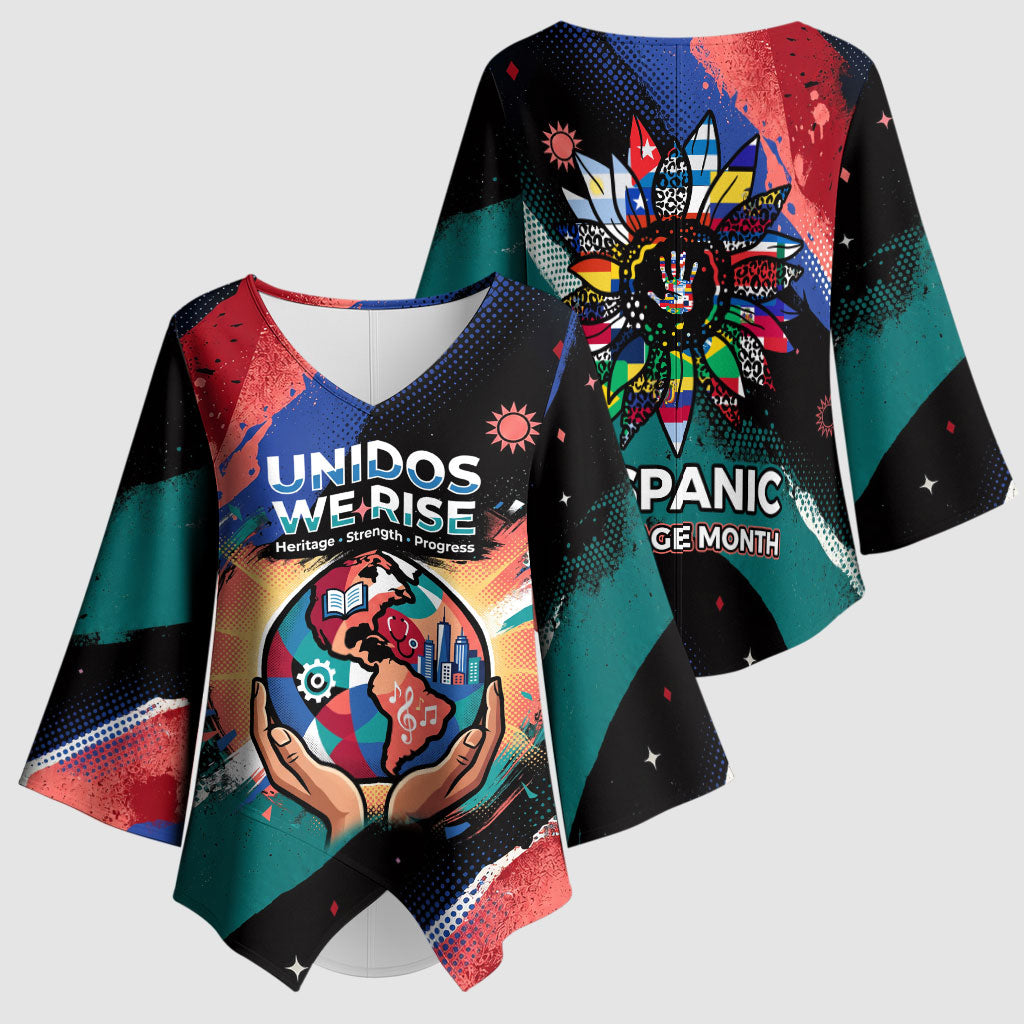 Hispanic Heritage Month Unidos We Rise Kimono Sleeve Blouse Vibrant Sunflower Flags - Globe Graphic With Splatter Paint