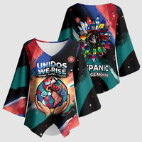 Hispanic Heritage Month Unidos We Rise Kimono Sleeve Blouse Vibrant Sunflower Flags - Globe Graphic With Splatter Paint