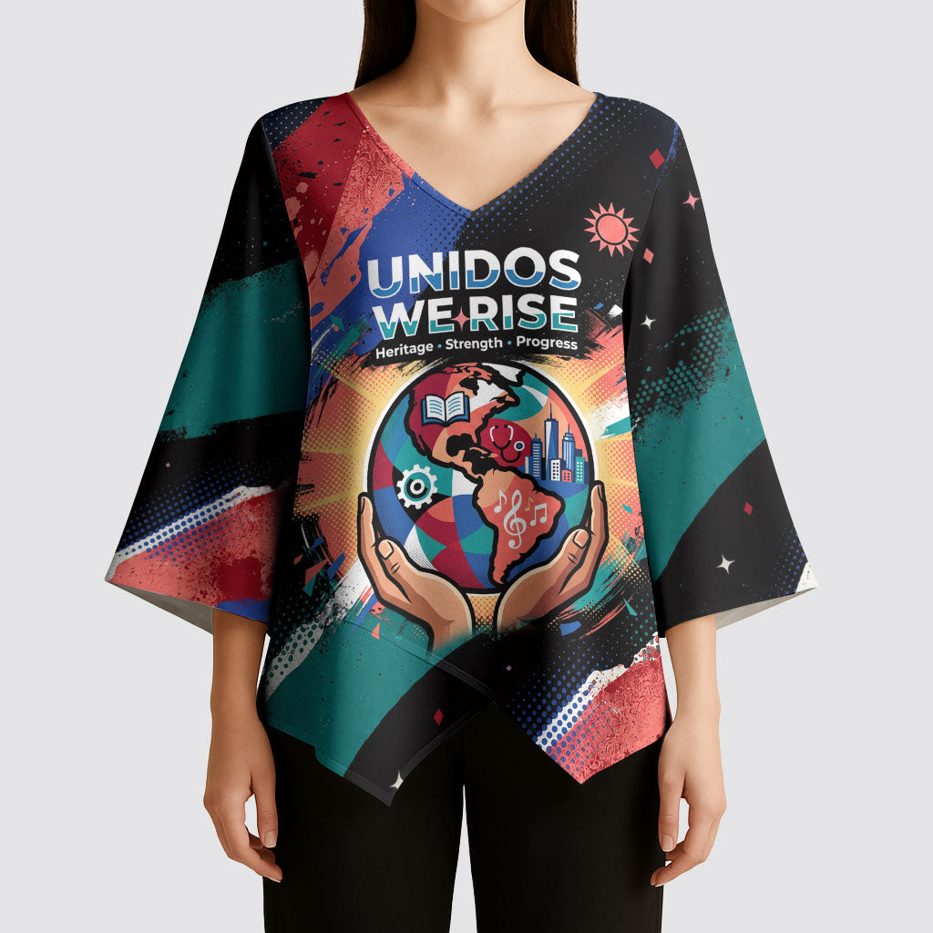 Hispanic Heritage Month Unidos We Rise Kimono Sleeve Blouse Vibrant Sunflower Flags - Globe Graphic With Splatter Paint