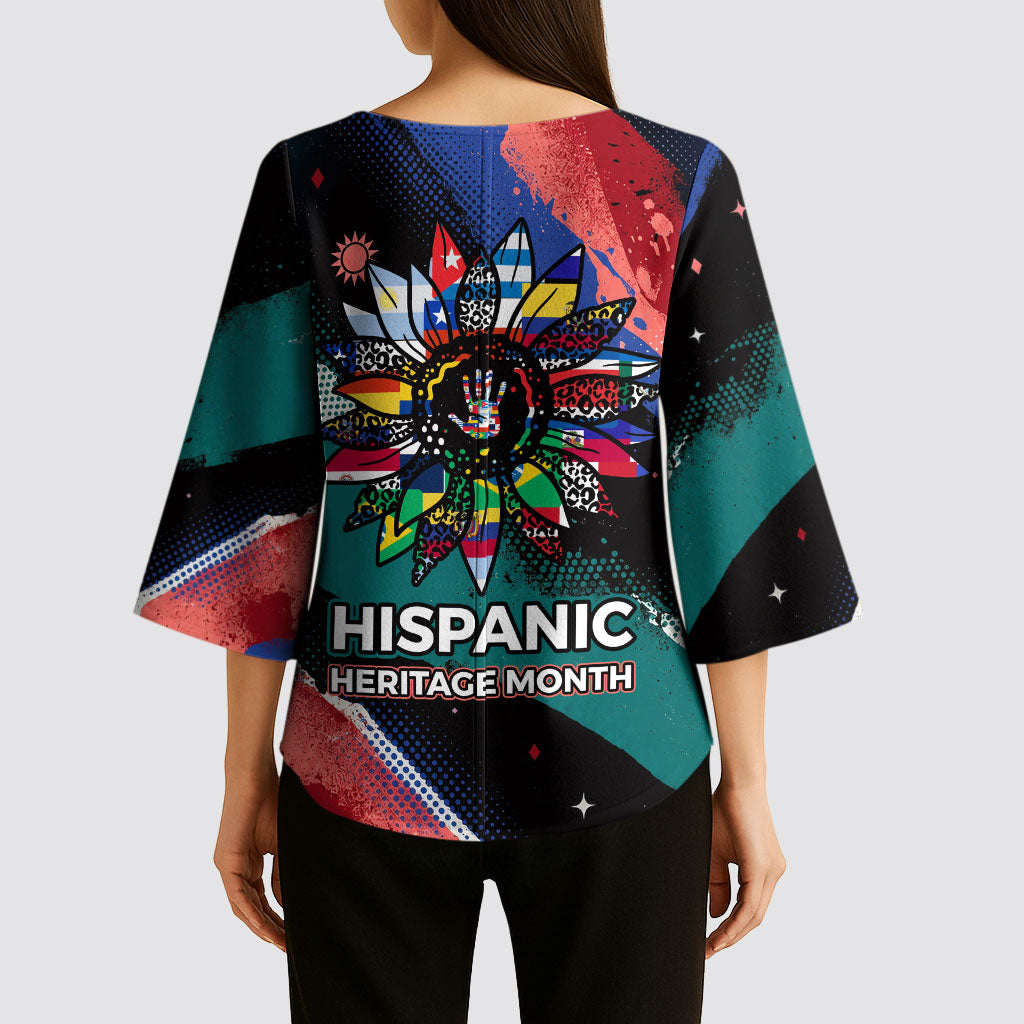 Hispanic Heritage Month Unidos We Rise Kimono Sleeve Blouse Vibrant Sunflower Flags - Globe Graphic With Splatter Paint