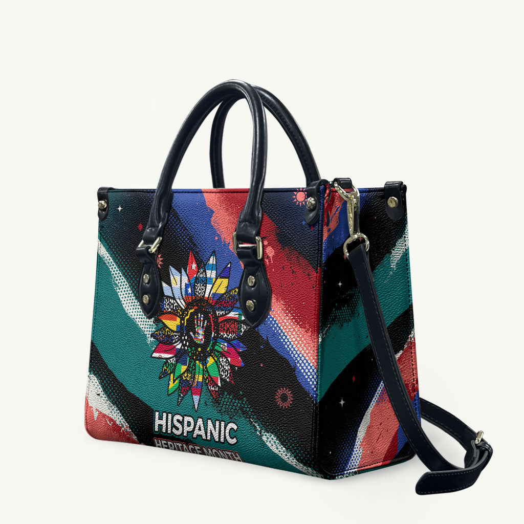 Hispanic Heritage Month Unidos We Rise Leather Bag Vibrant Sunflower Flags - Globe Graphic With Splatter Paint