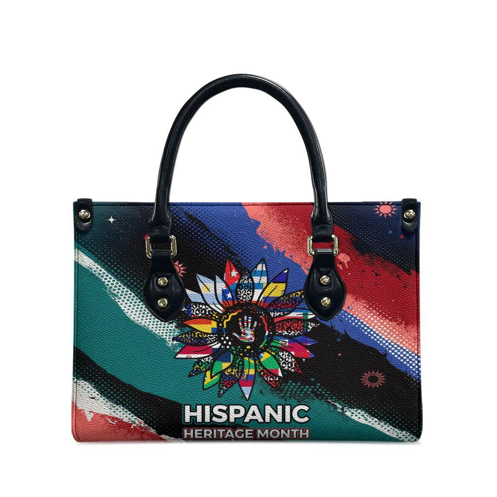 Hispanic Heritage Month Unidos We Rise Leather Bag Vibrant Sunflower Flags - Globe Graphic With Splatter Paint