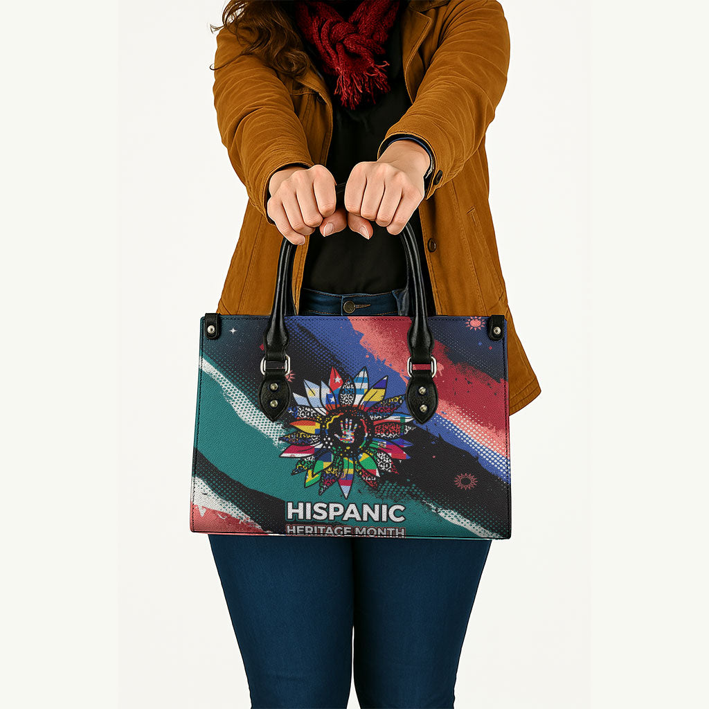 Hispanic Heritage Month Unidos We Rise Leather Bag Vibrant Sunflower Flags - Globe Graphic With Splatter Paint