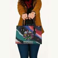 Hispanic Heritage Month Unidos We Rise Leather Bag Vibrant Sunflower Flags - Globe Graphic With Splatter Paint