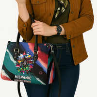 Hispanic Heritage Month Unidos We Rise Leather Bag Vibrant Sunflower Flags - Globe Graphic With Splatter Paint