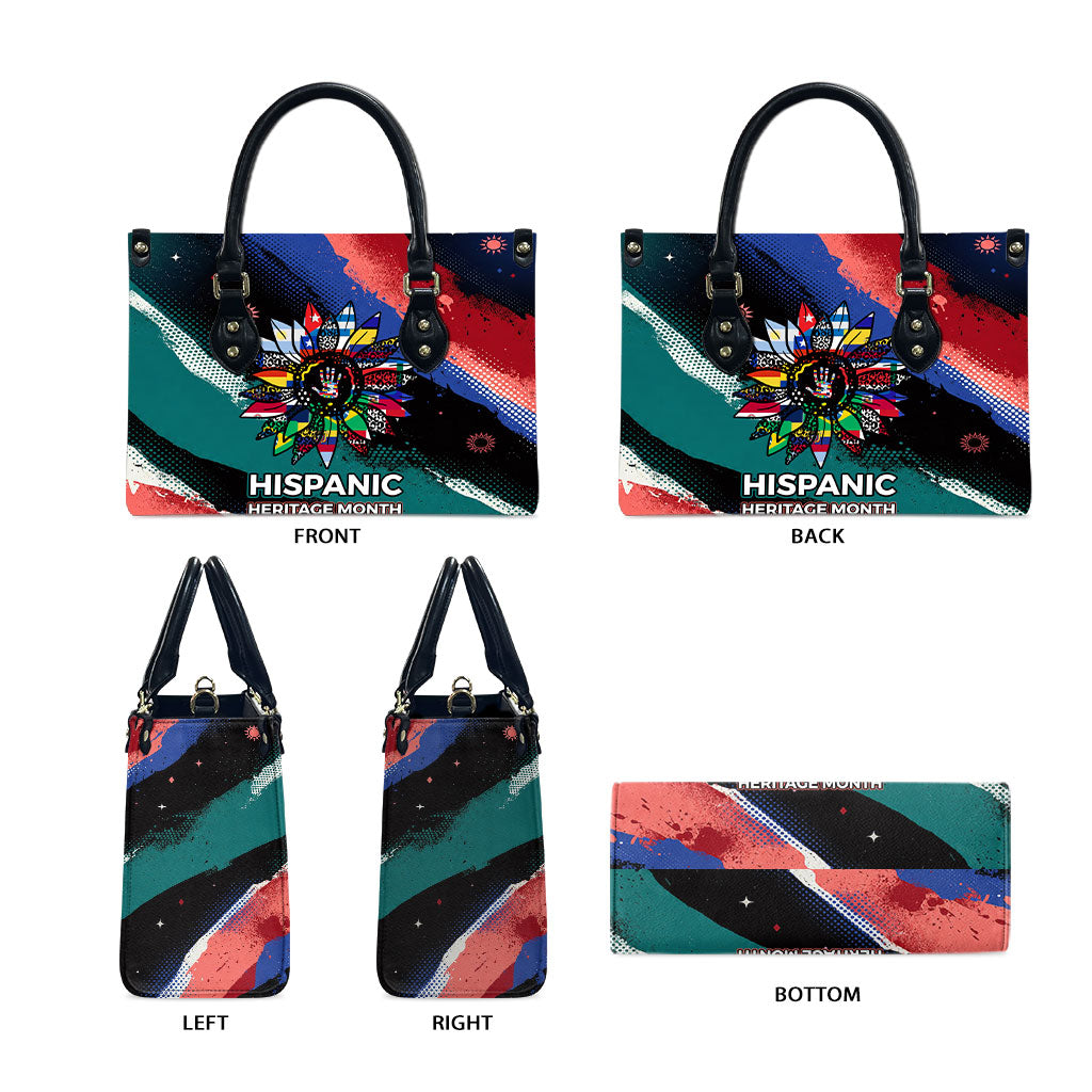 Hispanic Heritage Month Unidos We Rise Leather Bag Vibrant Sunflower Flags - Globe Graphic With Splatter Paint
