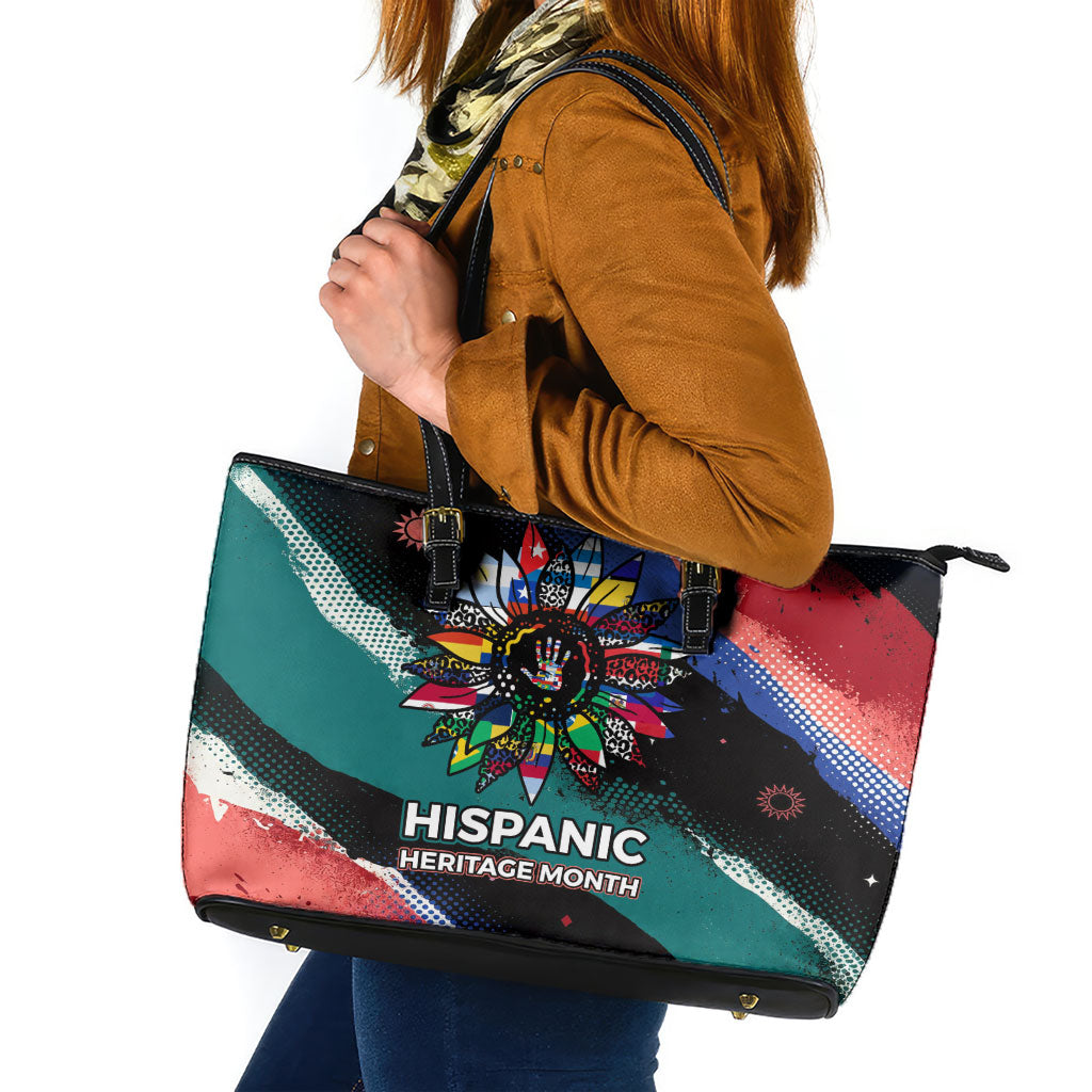 Hispanic Heritage Month Unidos We Rise Leather Tote Bag Vibrant Sunflower Flags - Globe Graphic With Splatter Paint