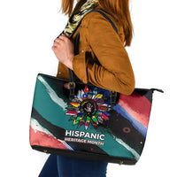 Hispanic Heritage Month Unidos We Rise Leather Tote Bag Vibrant Sunflower Flags - Globe Graphic With Splatter Paint