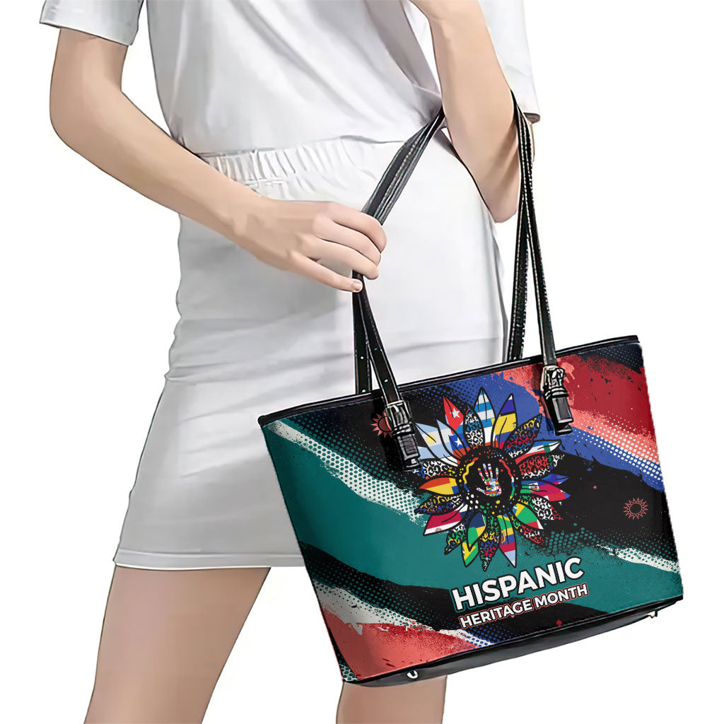 Hispanic Heritage Month Unidos We Rise Leather Tote Bag Vibrant Sunflower Flags - Globe Graphic With Splatter Paint