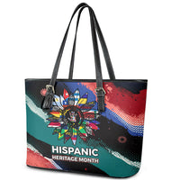 Hispanic Heritage Month Unidos We Rise Leather Tote Bag Vibrant Sunflower Flags - Globe Graphic With Splatter Paint