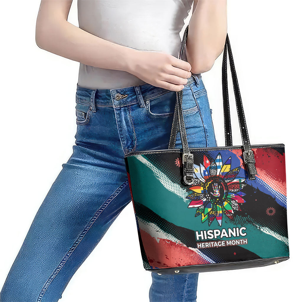 Hispanic Heritage Month Unidos We Rise Leather Tote Bag Vibrant Sunflower Flags - Globe Graphic With Splatter Paint