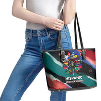 Hispanic Heritage Month Unidos We Rise Leather Tote Bag Vibrant Sunflower Flags - Globe Graphic With Splatter Paint