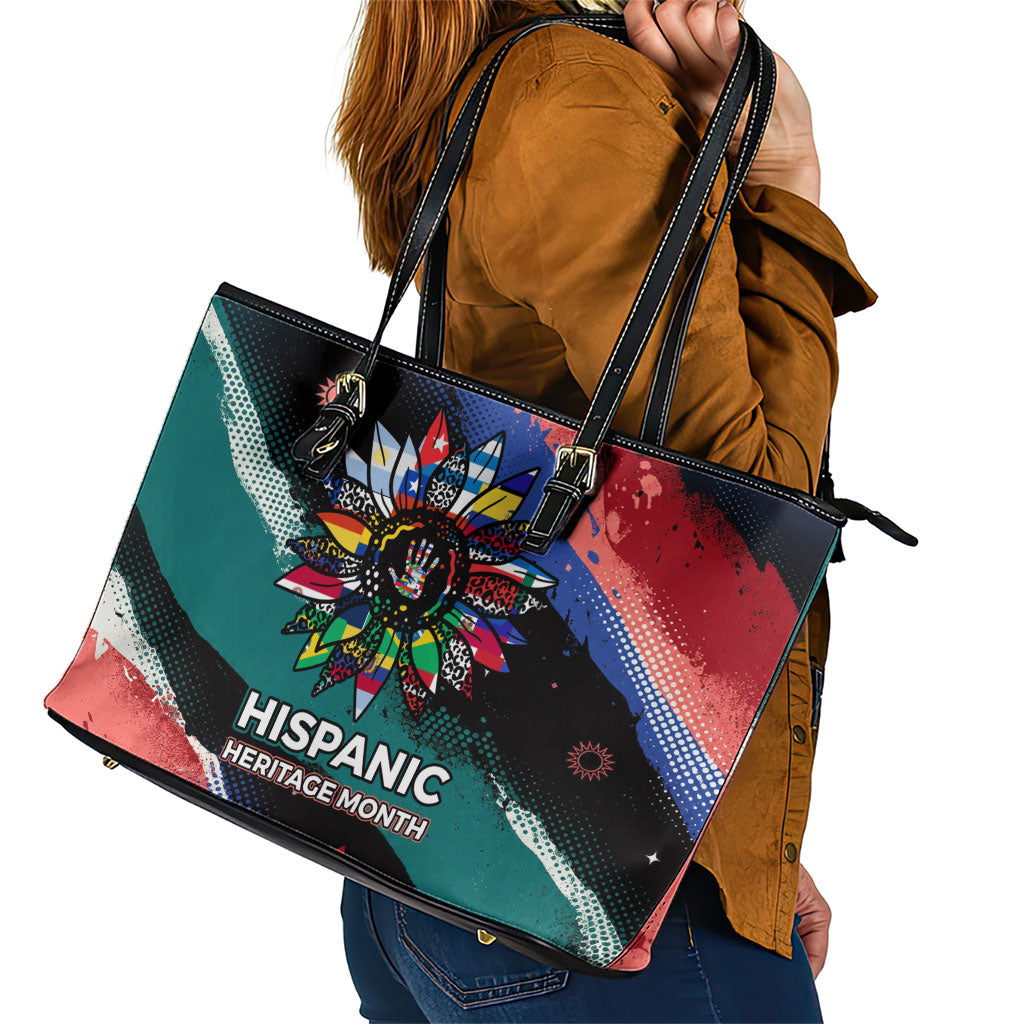 Hispanic Heritage Month Unidos We Rise Leather Tote Bag Vibrant Sunflower Flags - Globe Graphic With Splatter Paint