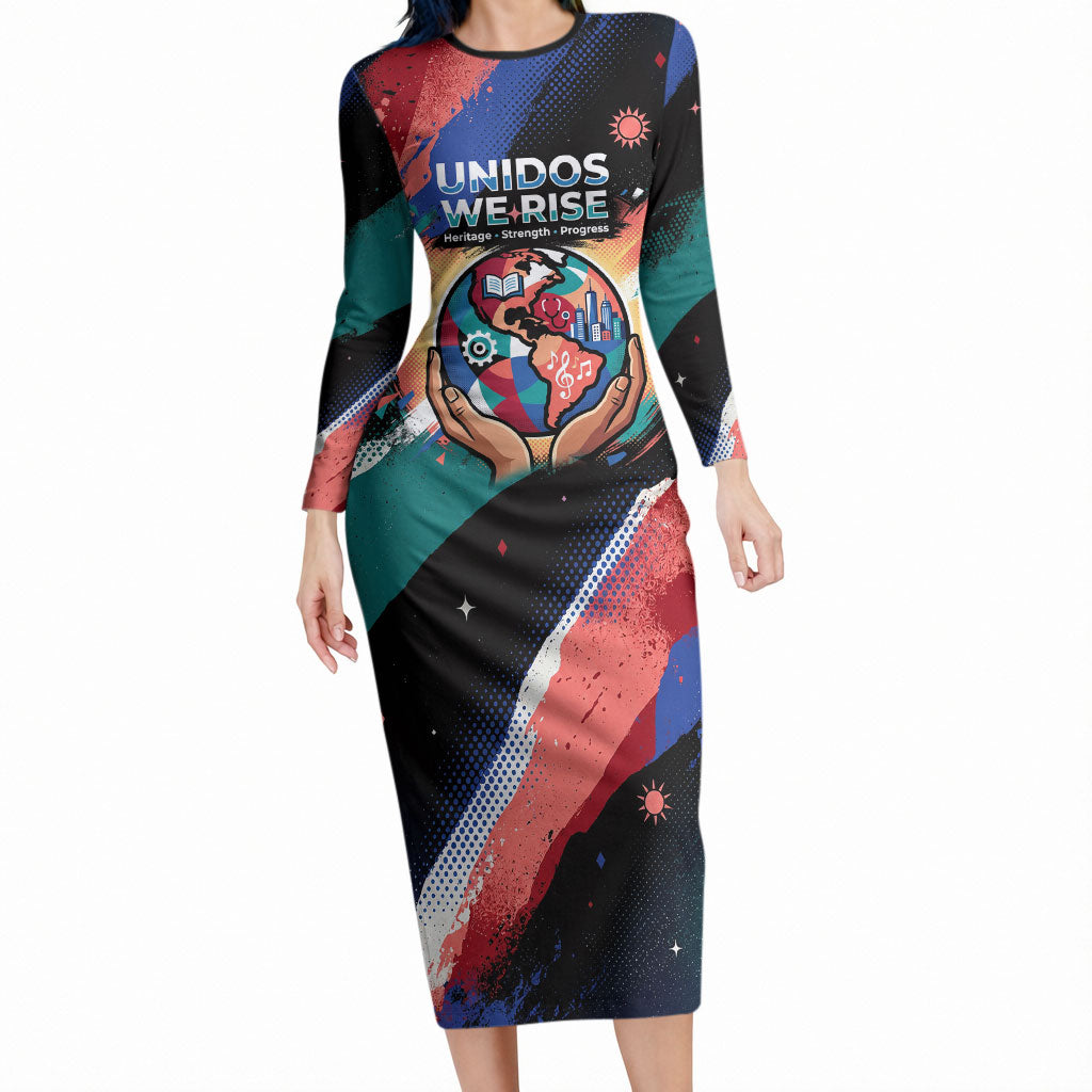 Hispanic Heritage Month Unidos We Rise Long Sleeve Bodycon Dress Vibrant Sunflower Flags - Globe Graphic With Splatter Paint