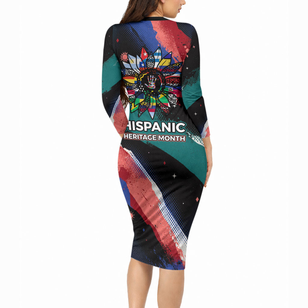 Hispanic Heritage Month Unidos We Rise Long Sleeve Bodycon Dress Vibrant Sunflower Flags - Globe Graphic With Splatter Paint