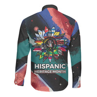 Hispanic Heritage Month Unidos We Rise Long Sleeve Button Shirt Vibrant Sunflower Flags - Globe Graphic With Splatter Paint