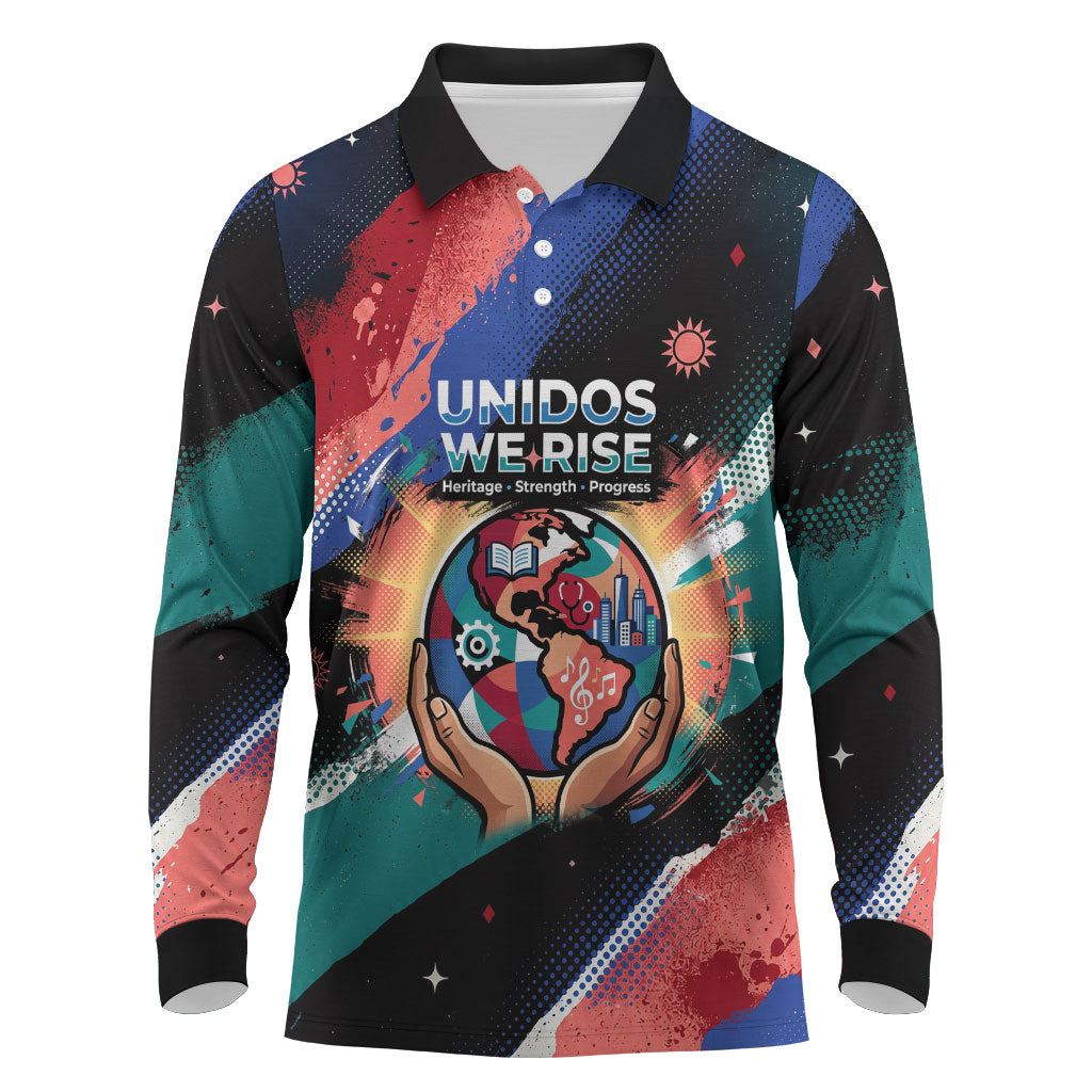 Hispanic Heritage Month Unidos We Rise Long Sleeve Polo Shirt Vibrant Sunflower Flags - Globe Graphic With Splatter Paint