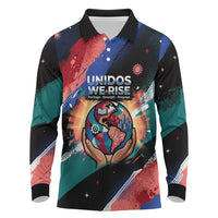 Hispanic Heritage Month Unidos We Rise Long Sleeve Polo Shirt Vibrant Sunflower Flags - Globe Graphic With Splatter Paint