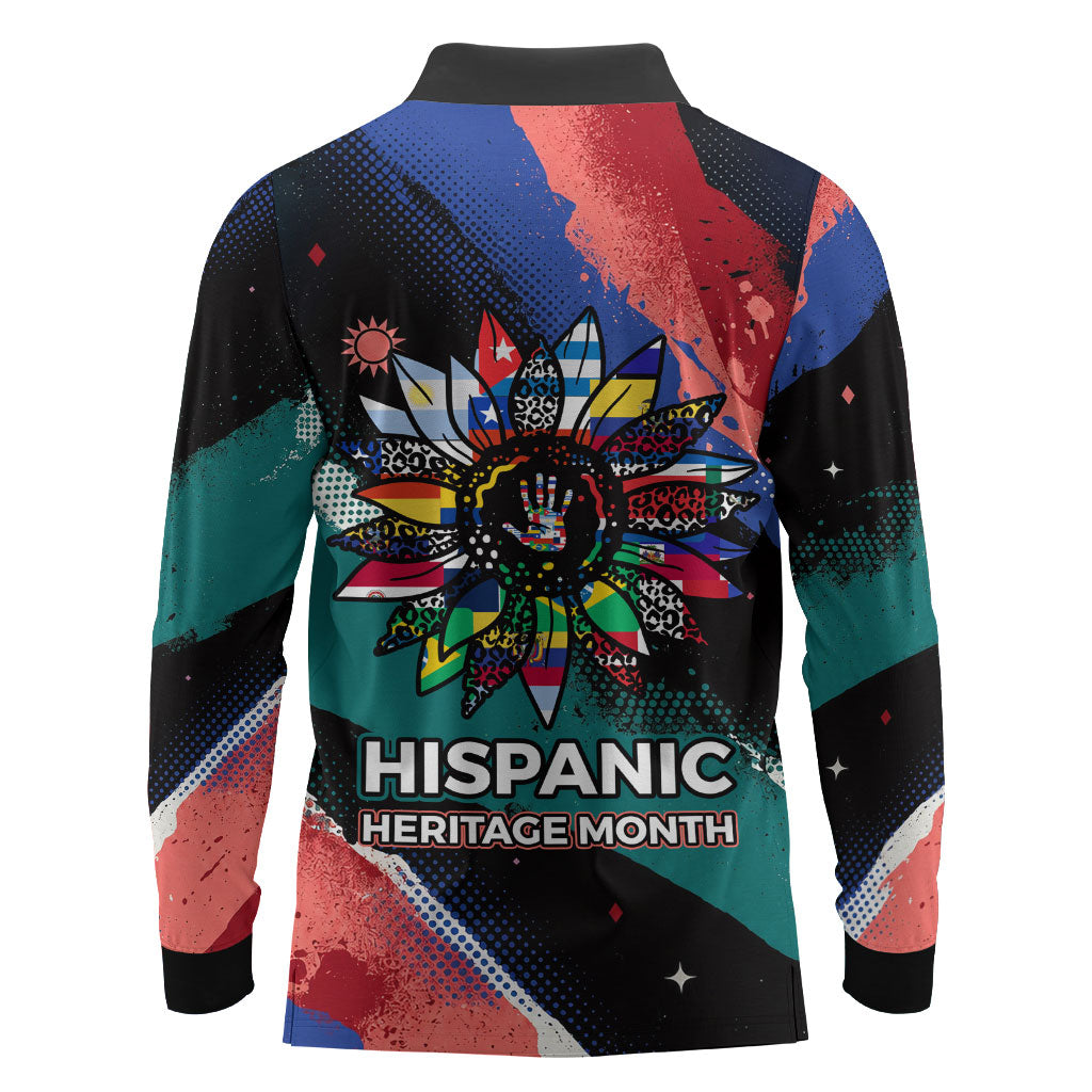 Hispanic Heritage Month Unidos We Rise Long Sleeve Polo Shirt Vibrant Sunflower Flags - Globe Graphic With Splatter Paint