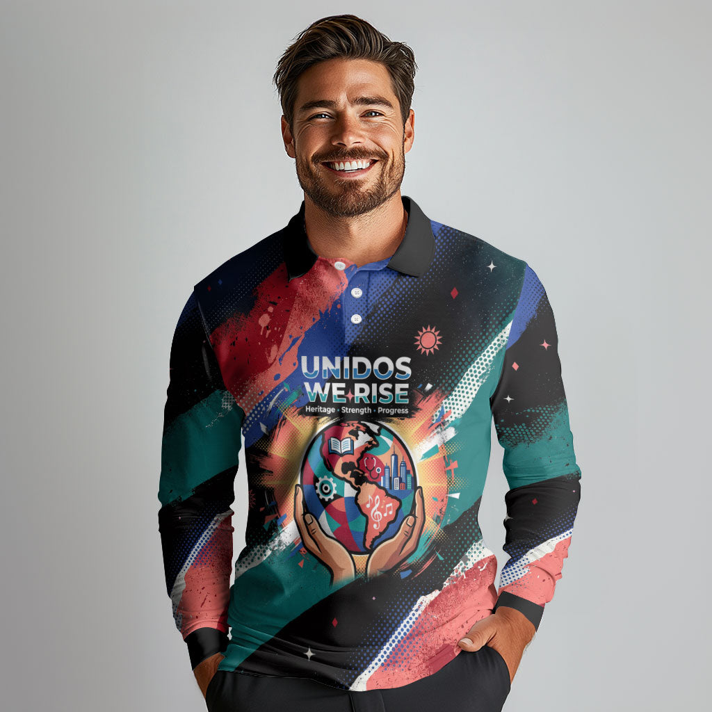 Hispanic Heritage Month Unidos We Rise Long Sleeve Polo Shirt Vibrant Sunflower Flags - Globe Graphic With Splatter Paint