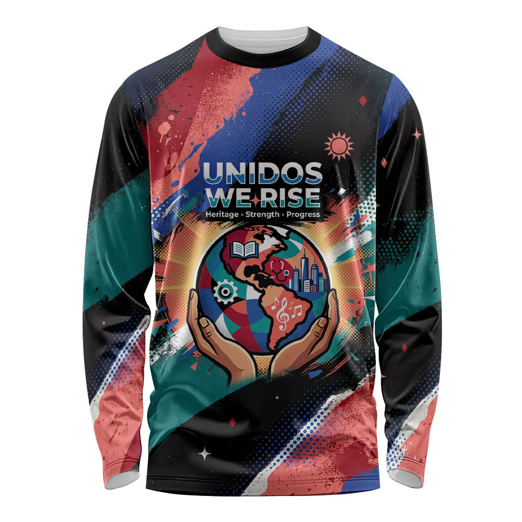 Hispanic Heritage Month Unidos We Rise Long Sleeve Shirt Vibrant Sunflower Flags - Globe Graphic With Splatter Paint