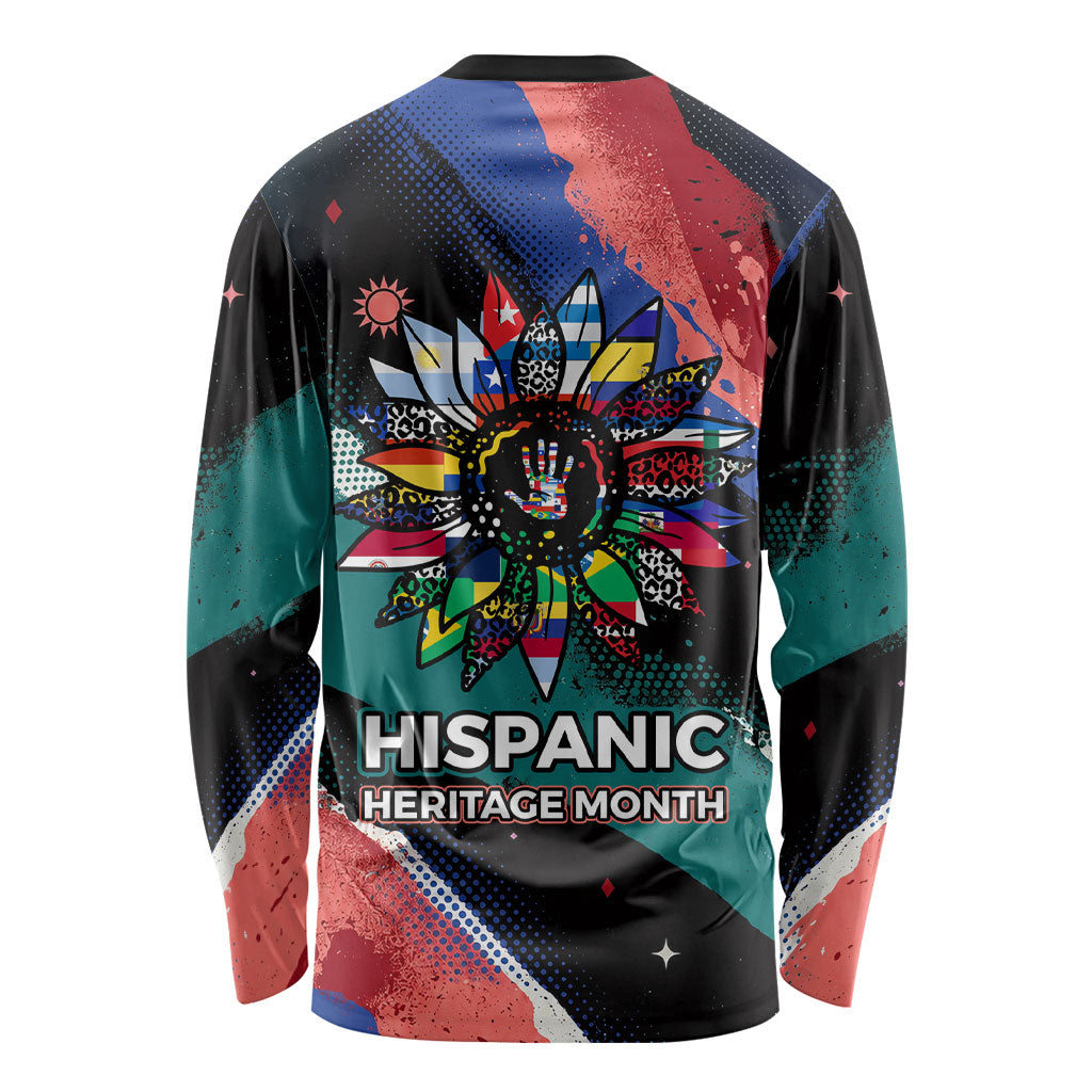 Hispanic Heritage Month Unidos We Rise Long Sleeve Shirt Vibrant Sunflower Flags - Globe Graphic With Splatter Paint