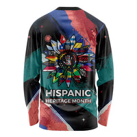 Hispanic Heritage Month Unidos We Rise Long Sleeve Shirt Vibrant Sunflower Flags - Globe Graphic With Splatter Paint