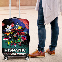 Hispanic Heritage Month Unidos We Rise Luggage Cover Vibrant Sunflower Flags - Globe Graphic With Splatter Paint