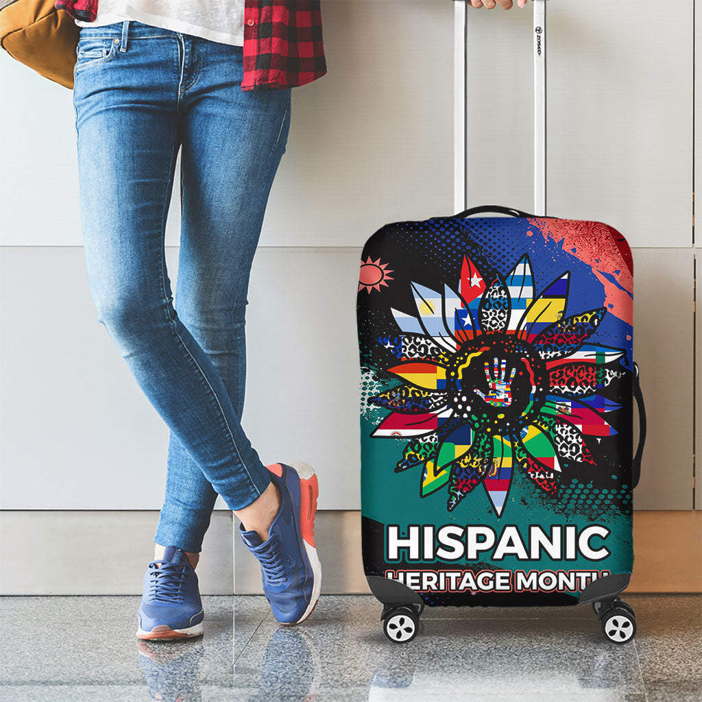 Hispanic Heritage Month Unidos We Rise Luggage Cover Vibrant Sunflower Flags - Globe Graphic With Splatter Paint