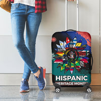 Hispanic Heritage Month Unidos We Rise Luggage Cover Vibrant Sunflower Flags - Globe Graphic With Splatter Paint