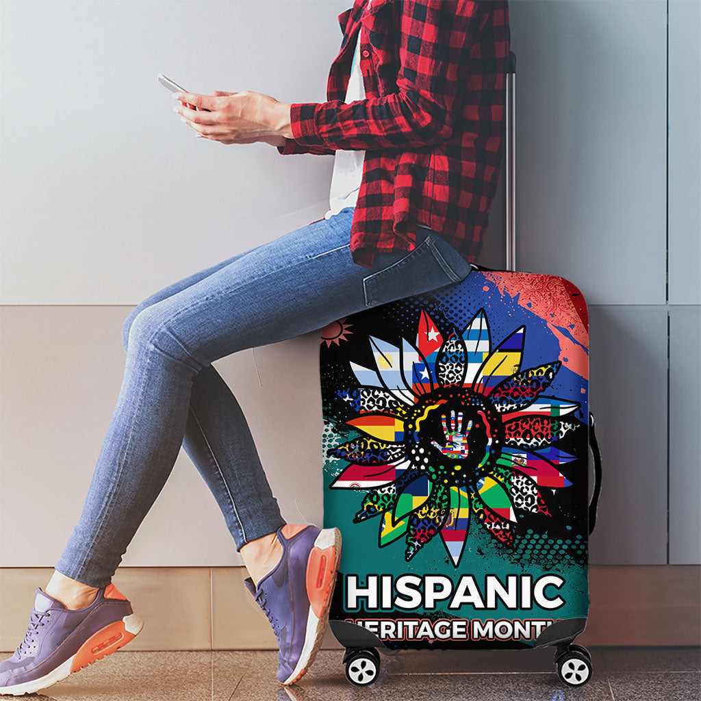 Hispanic Heritage Month Unidos We Rise Luggage Cover Vibrant Sunflower Flags - Globe Graphic With Splatter Paint