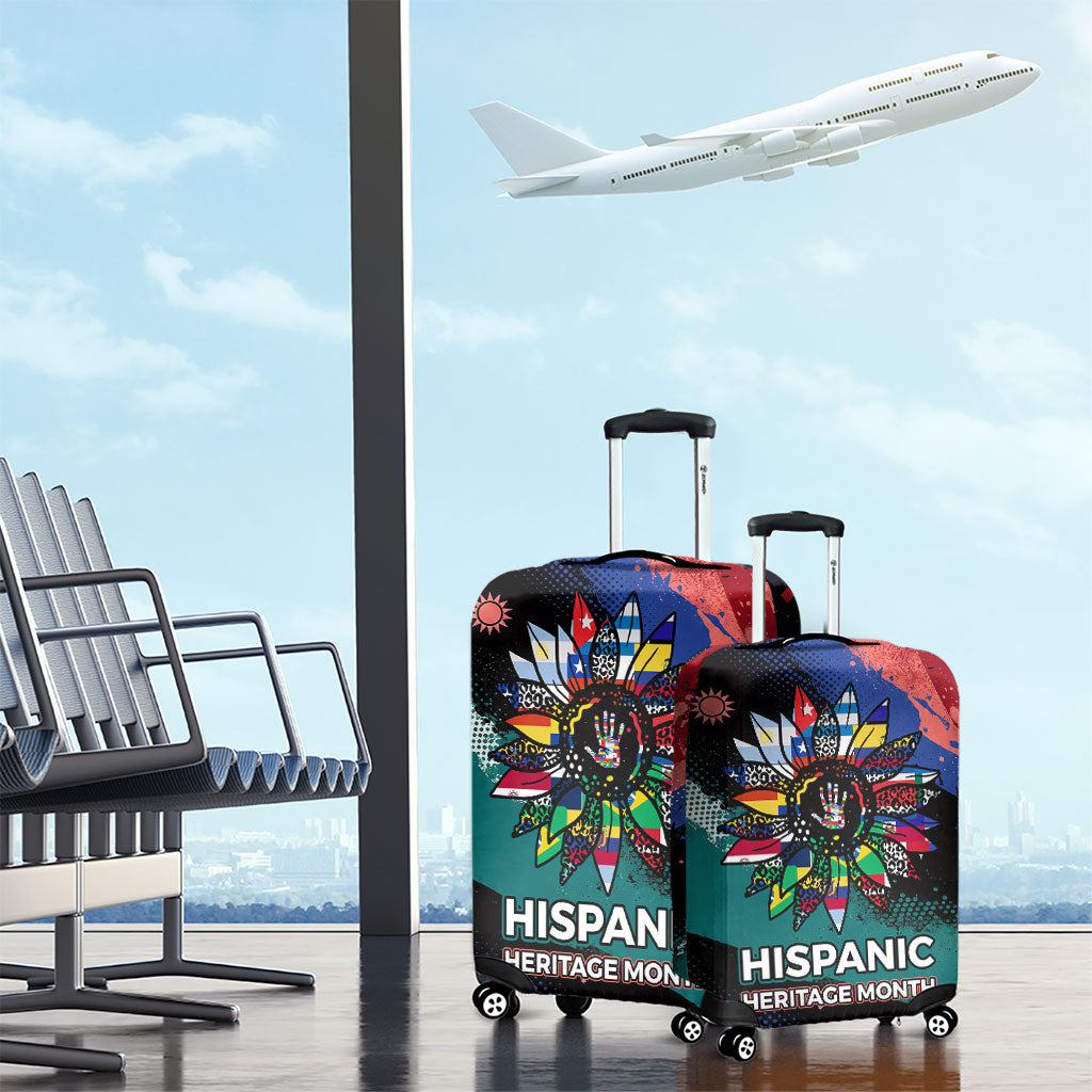 Hispanic Heritage Month Unidos We Rise Luggage Cover Vibrant Sunflower Flags - Globe Graphic With Splatter Paint