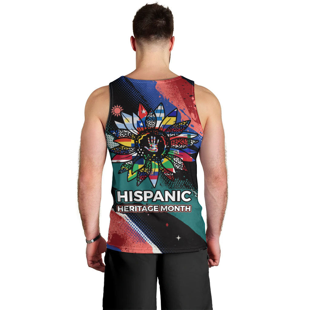 Hispanic Heritage Month Unidos We Rise Men Tank Top Vibrant Sunflower Flags - Globe Graphic With Splatter Paint