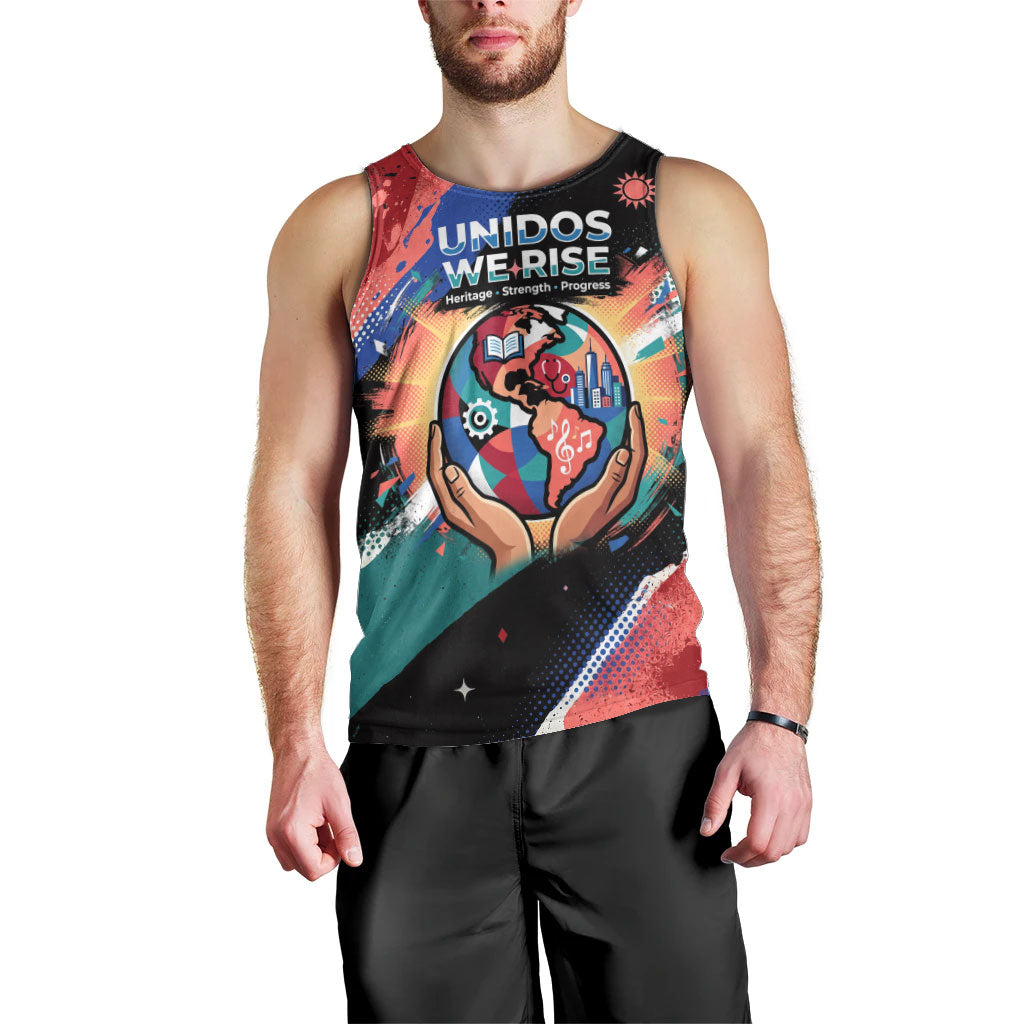 Hispanic Heritage Month Unidos We Rise Men Tank Top Vibrant Sunflower Flags - Globe Graphic With Splatter Paint