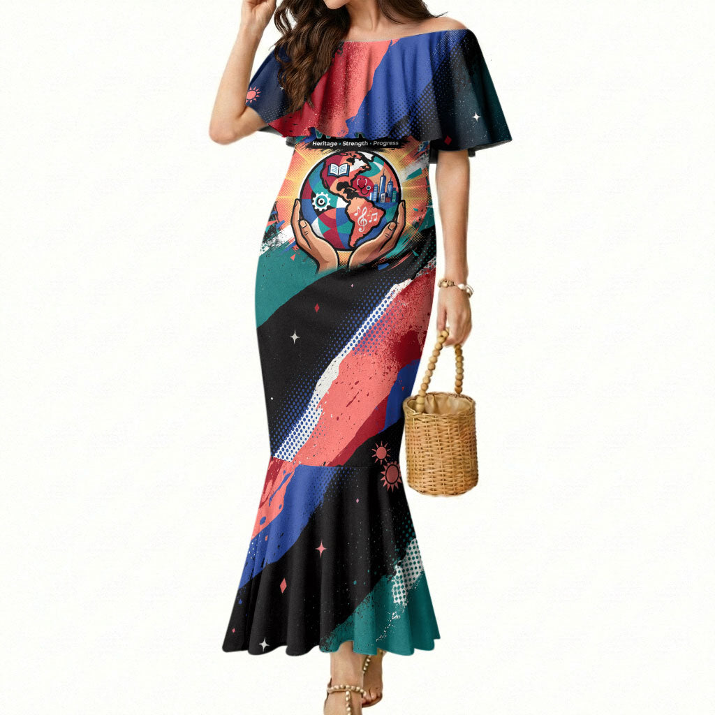 Hispanic Heritage Month Unidos We Rise Mermaid Dress Vibrant Sunflower Flags - Globe Graphic With Splatter Paint